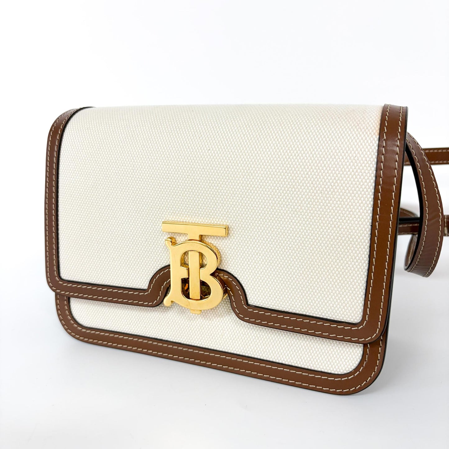Burberry Small Two-Tone Canvas Leather TB Bag Malt Brown