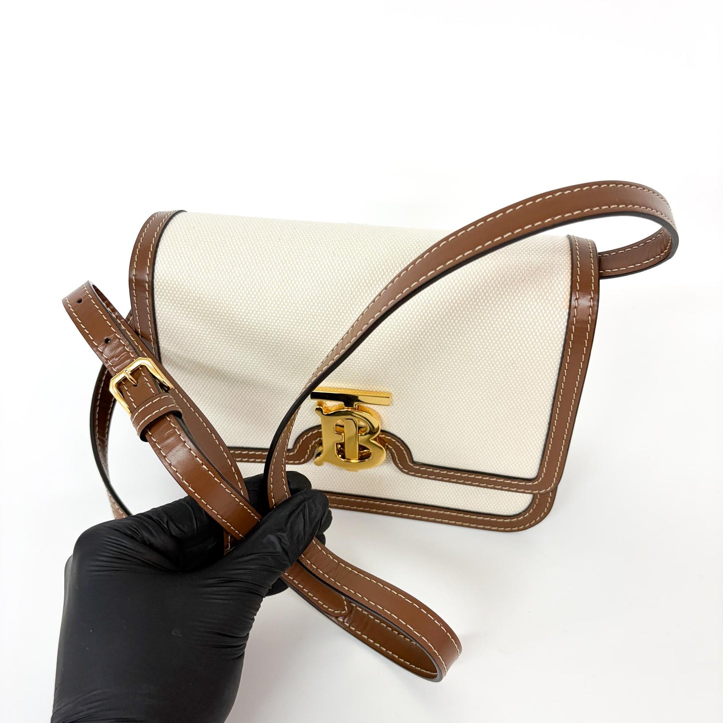 Burberry Small Two-Tone Canvas Leather TB Bag Malt Brown