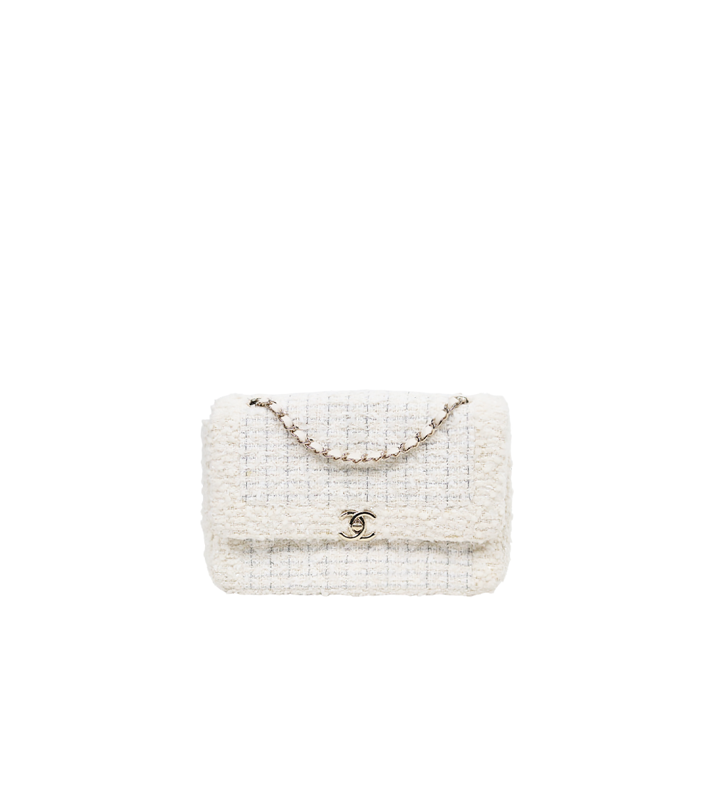 Chanel White Tweed CC Flap Chain Shoulder Bag
