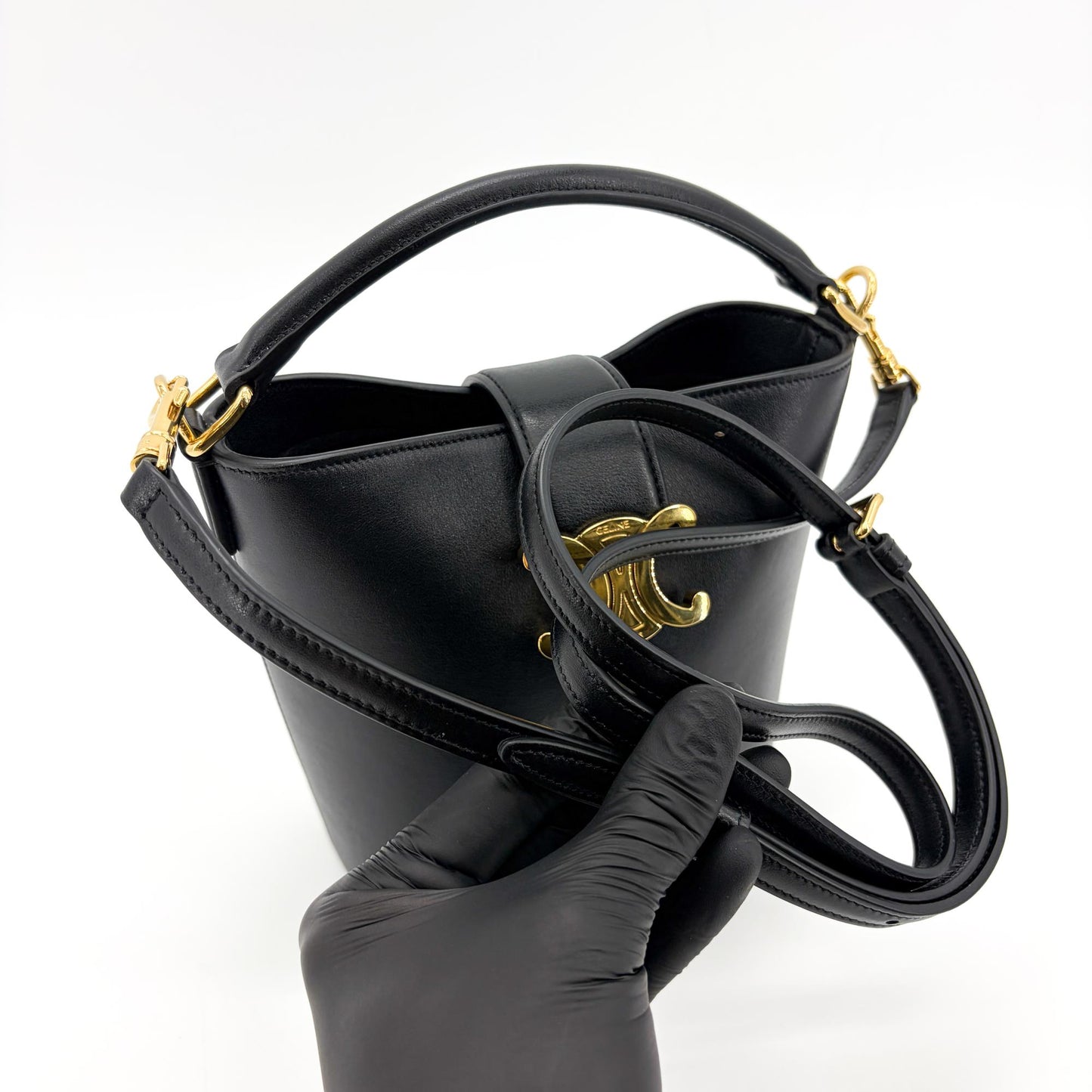 Celine Small Bucket Trionp Shiny Calfskin Black