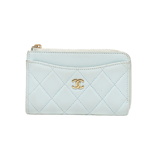 Chanel Sky Blue Caviar Classic Zipper Card Wallet