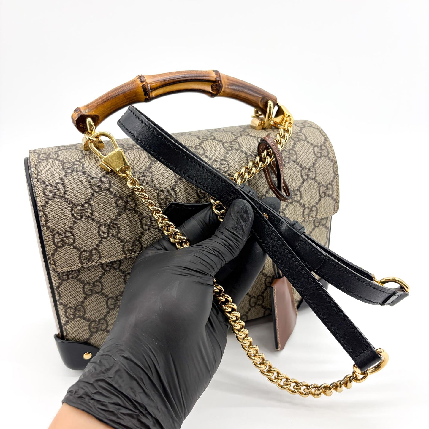 Gucci Padlock GG Supreme Bamboo Medium Top Handle Bag Brown Black