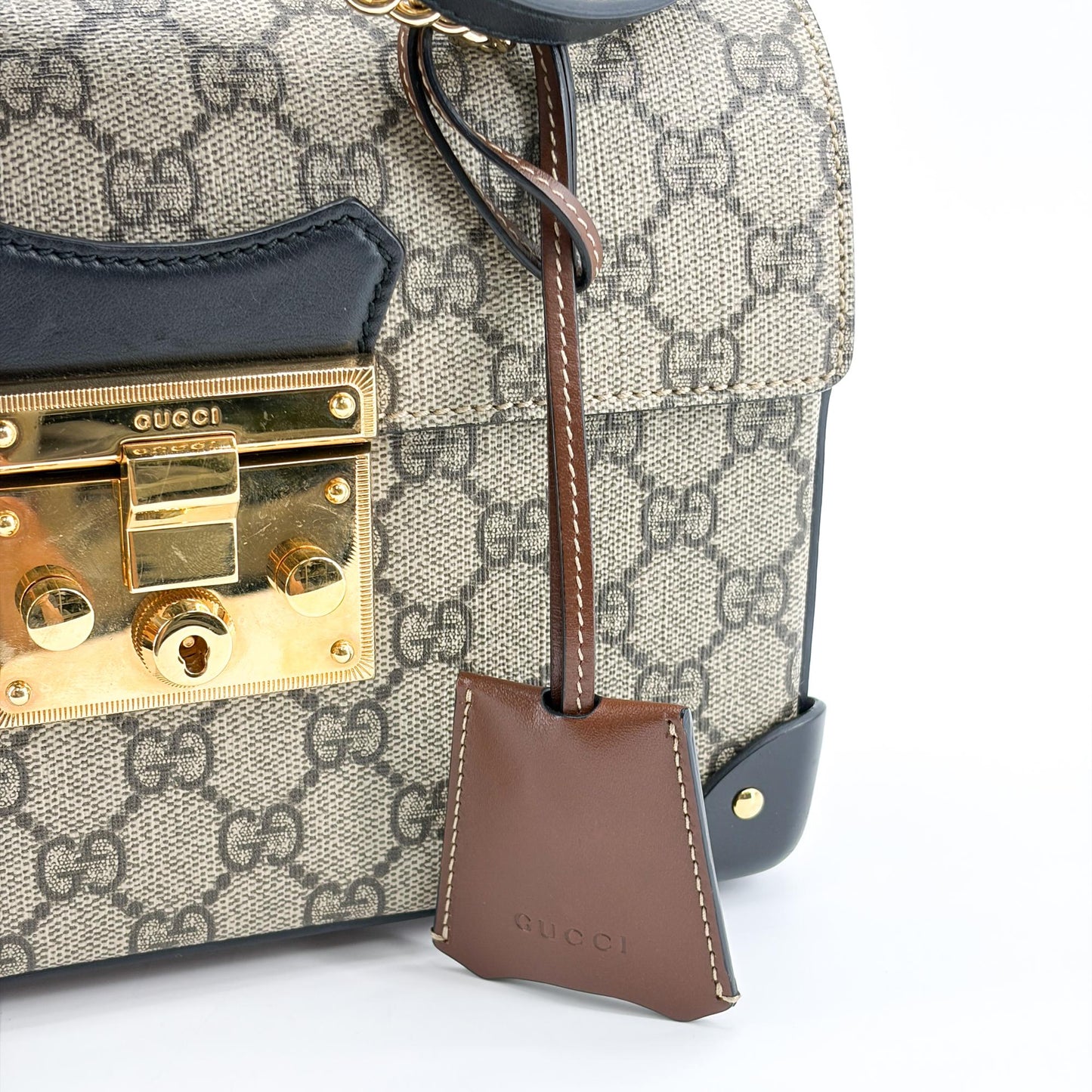 Gucci Padlock GG Supreme Bamboo Medium Top Handle Bag Brown Black