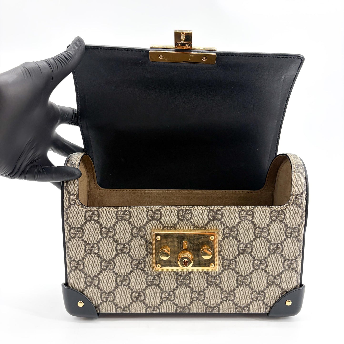 Gucci Padlock GG Supreme Bamboo Medium Top Handle Bag Brown Black