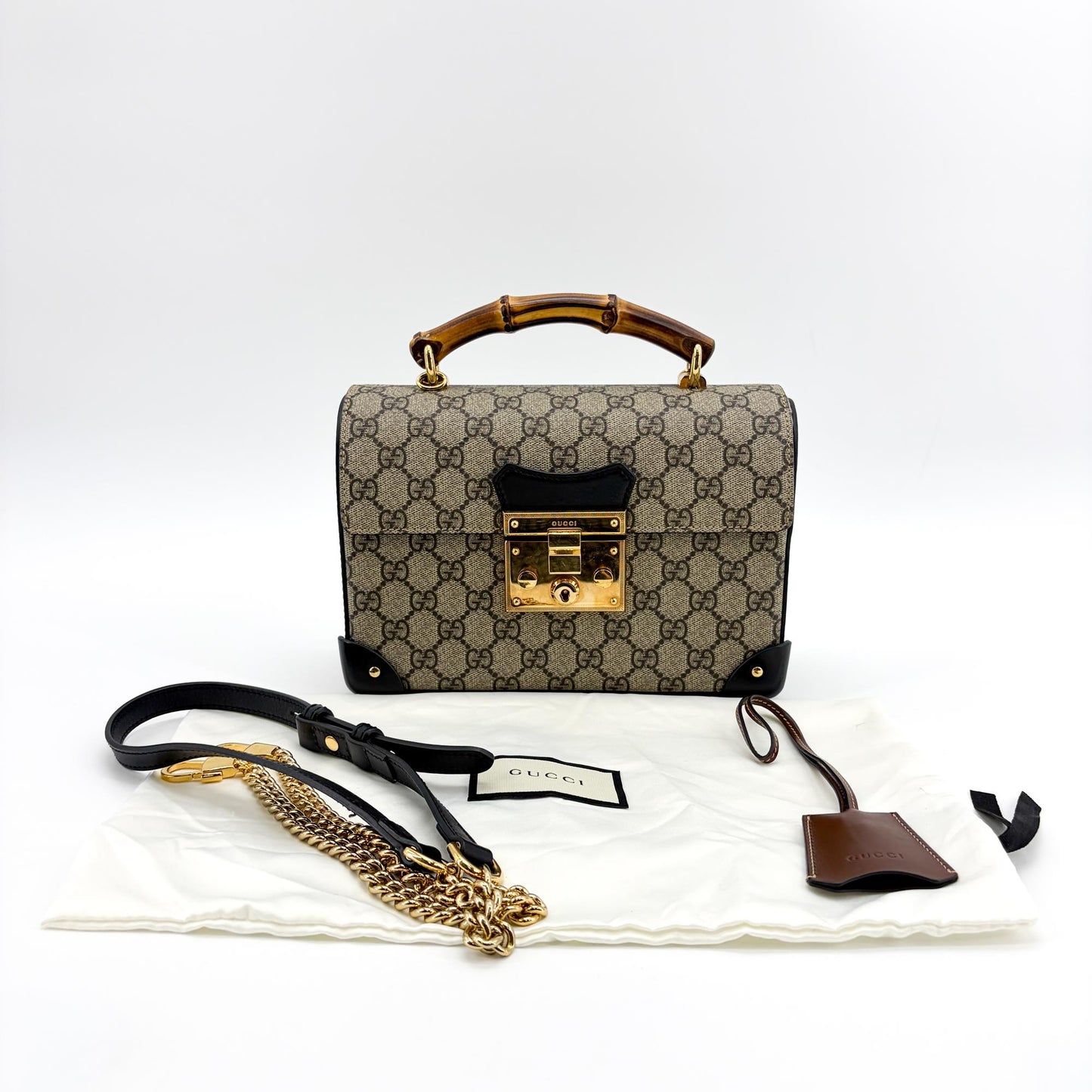 Gucci Padlock GG Supreme Bamboo Medium Top Handle Bag Brown Black