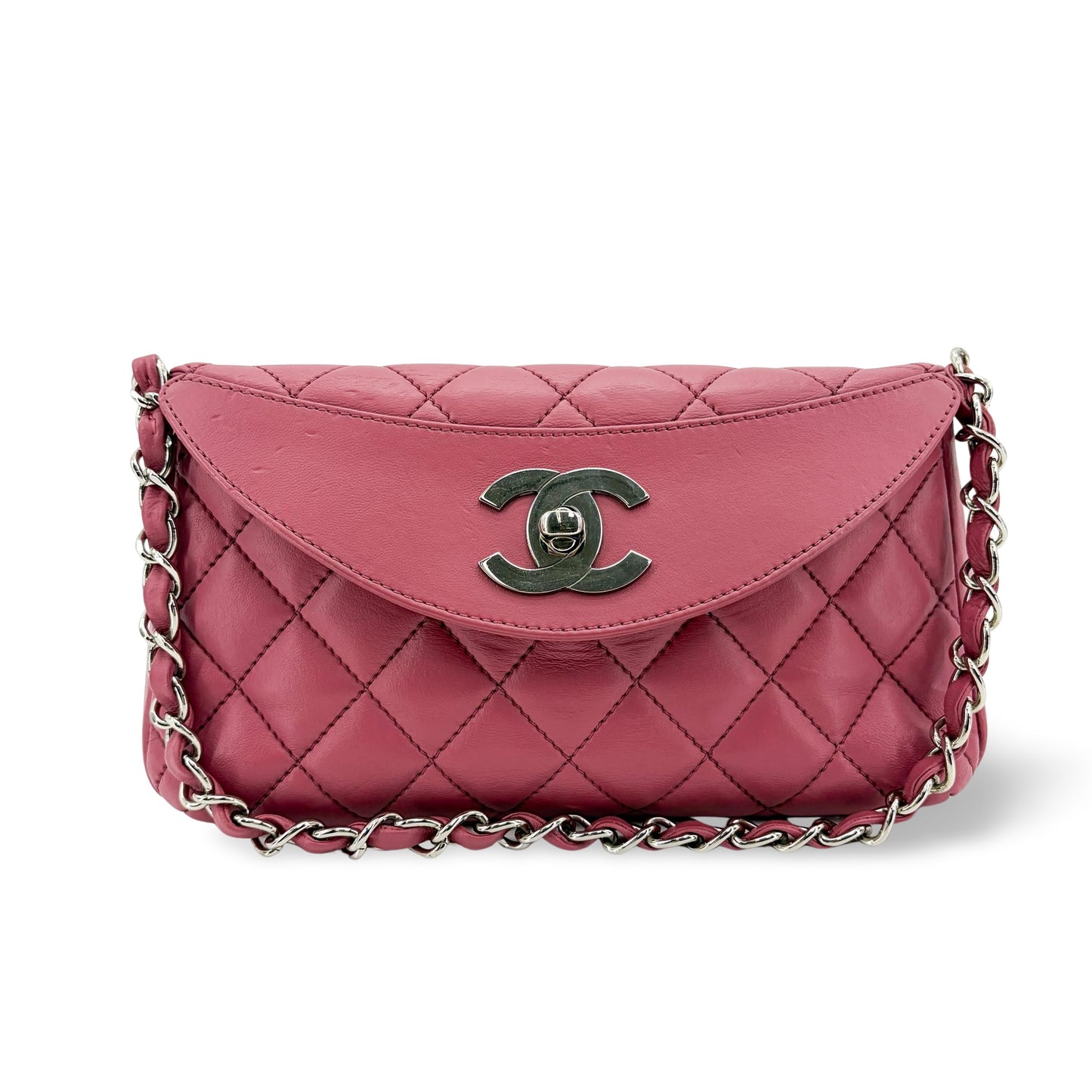 Chanel Quilted Lambskin Curved Flap Bag Pink Silver Hardware