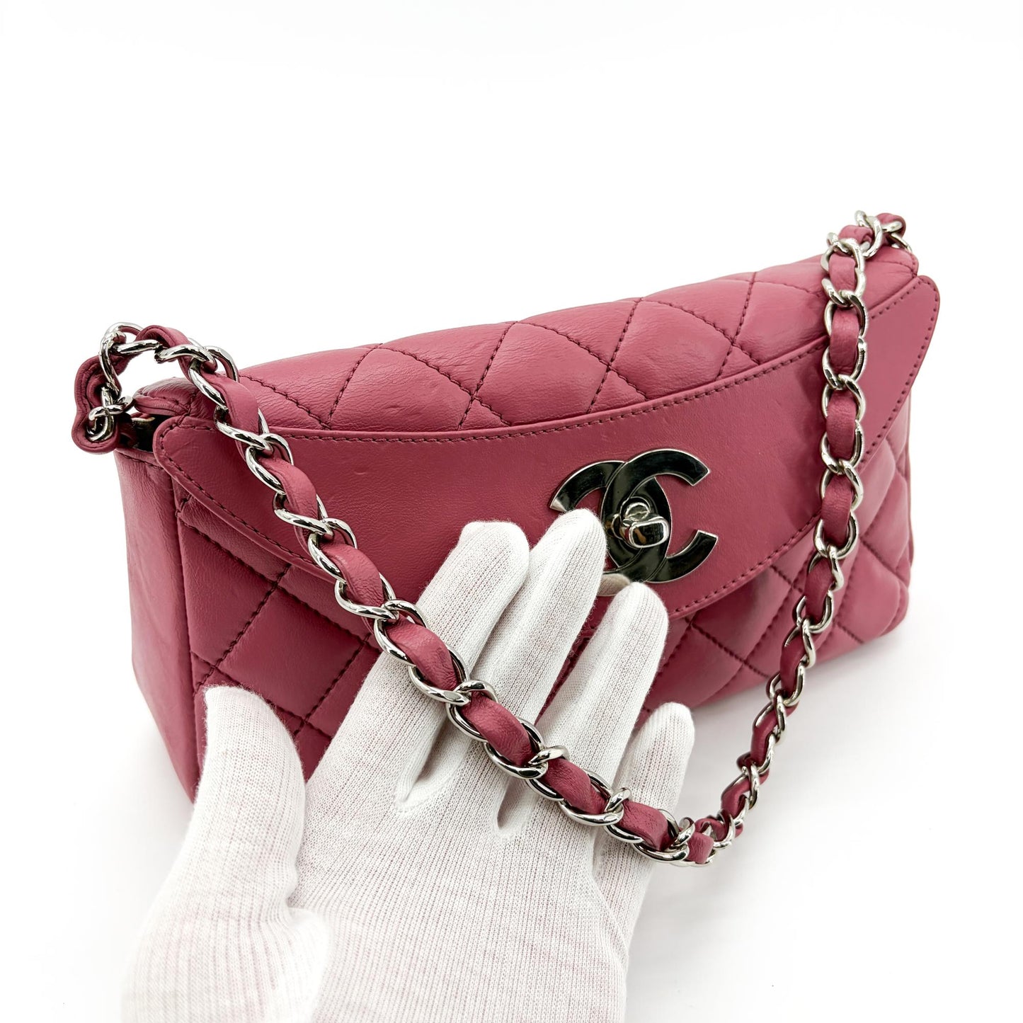 Chanel Quilted Lambskin Curved Flap Bag Pink Silver Hardware