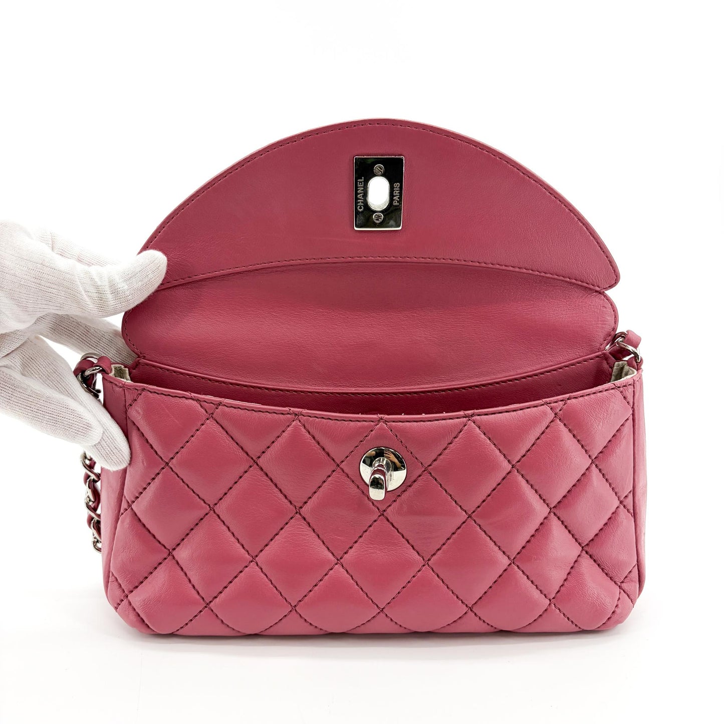 Chanel Quilted Lambskin Curved Flap Bag Pink Silver Hardware