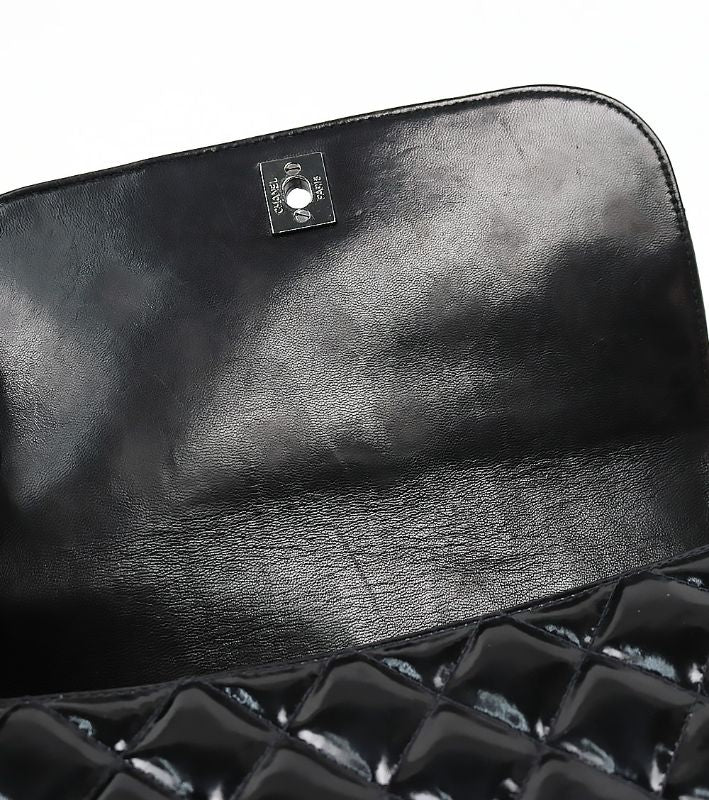 Chanel Saw Black Patent Quilted CC Flap Shoulder Bag