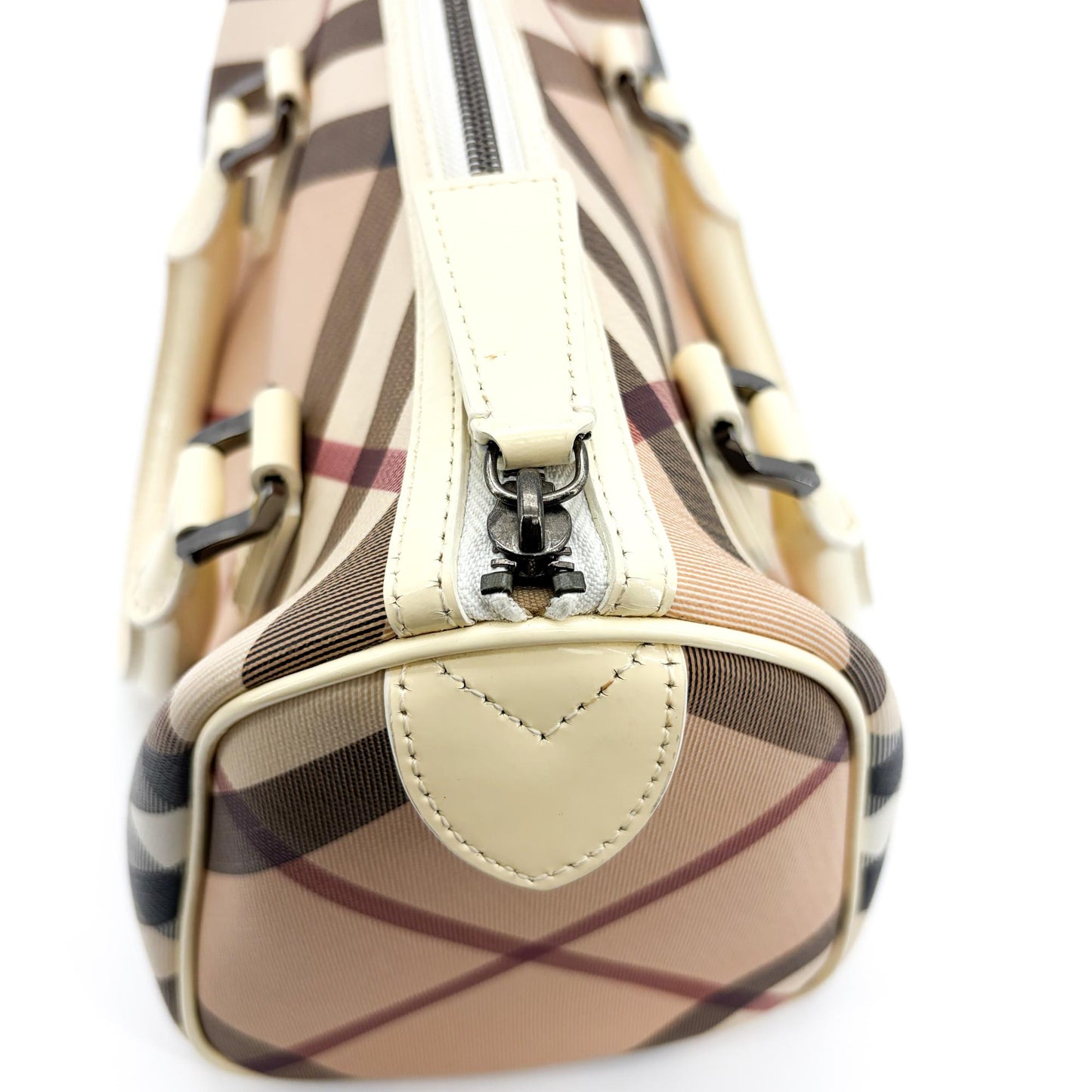 Burberry Nova Check Patent Trim Boston Bag Cream
