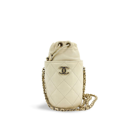 Chanel Lambskin Quilted Mini Drawstring Bucket Bag Ivory Gold Hardware