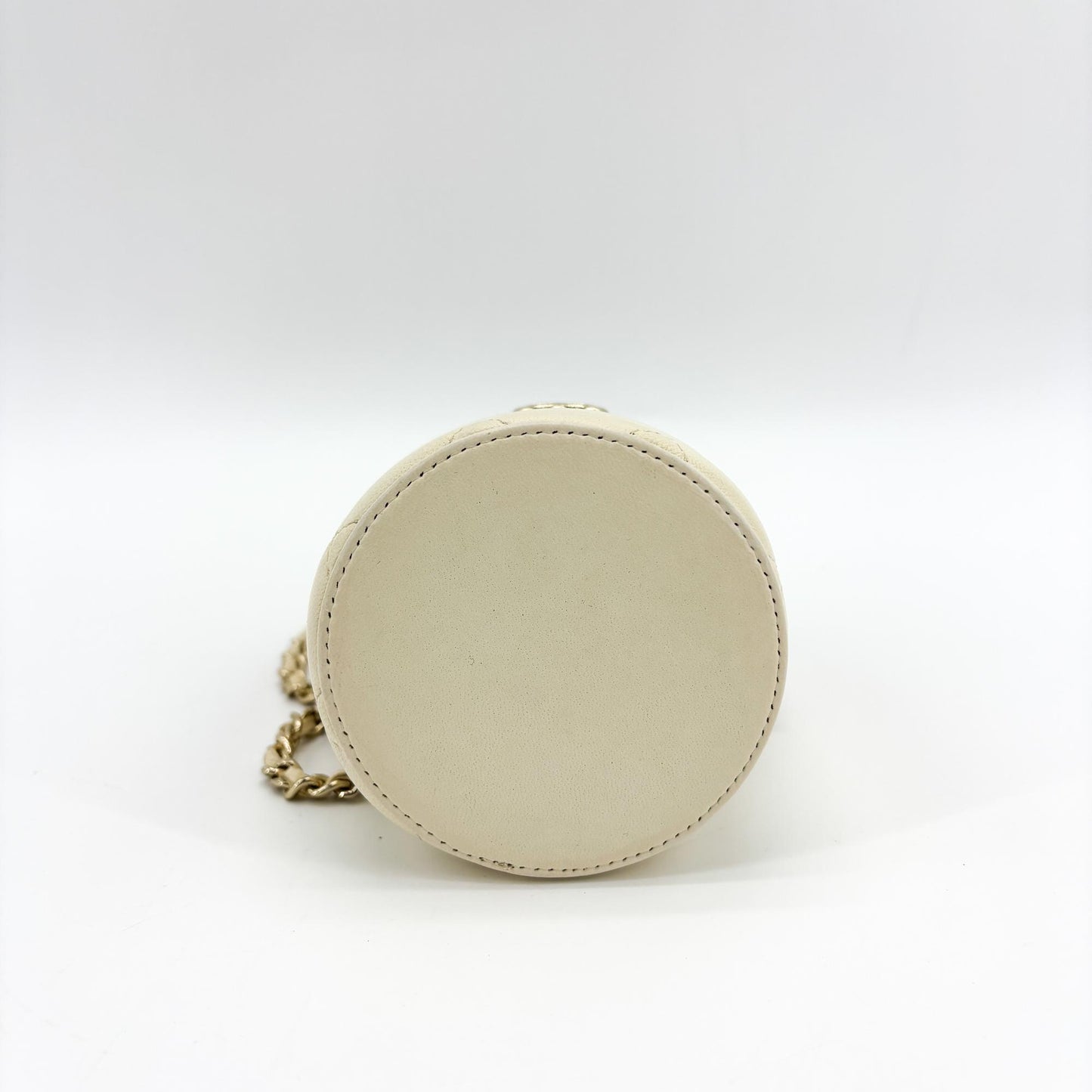 Chanel Lambskin Quilted Mini Drawstring Bucket Bag Ivory Gold Hardware
