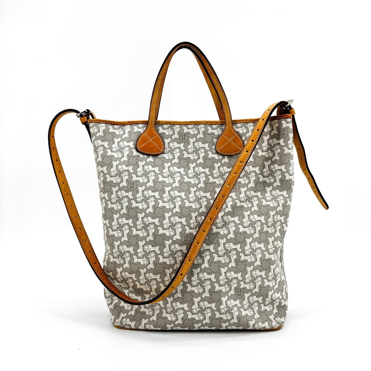Celine Vintage C Sulky Canvas Tote Bag Grey Brown