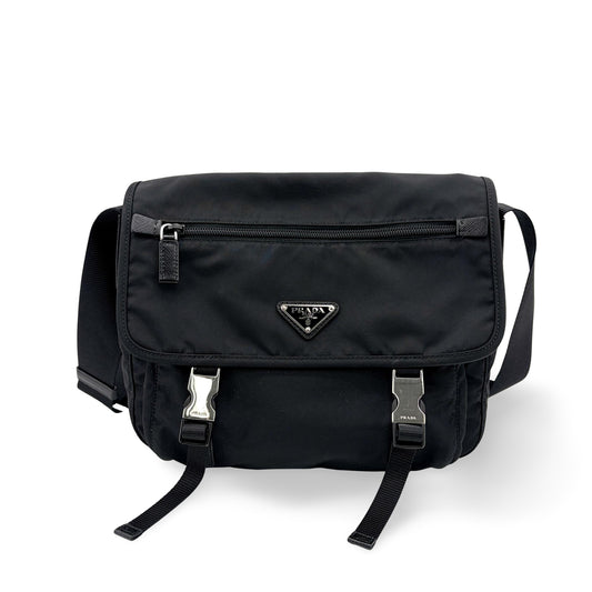 Prada Re-Nylon and Saffiano Leather Messenger Bag Black