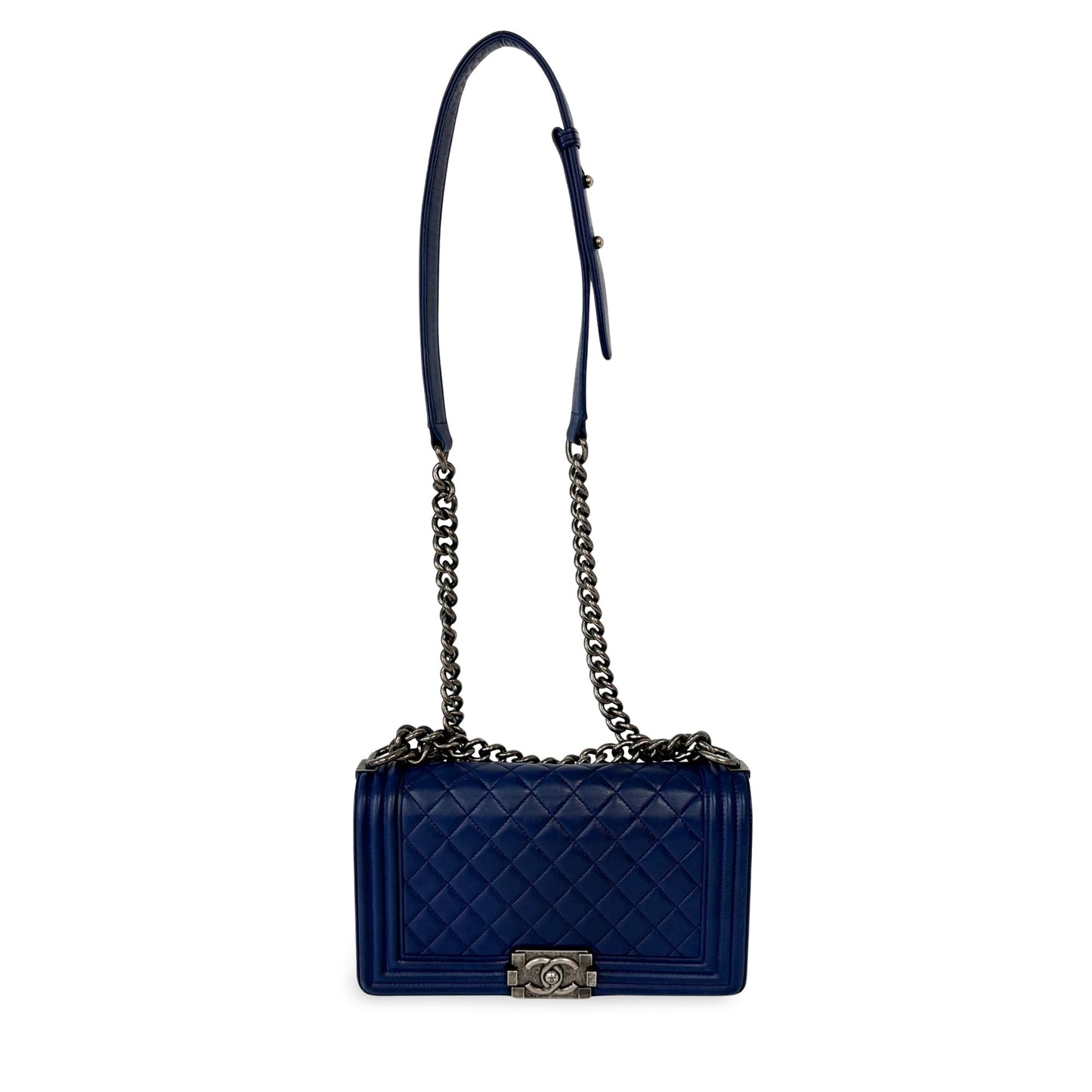 Chanel Boy Bag Large Blue Calfskin Silver Hardware Shoulder Bag 23 Series