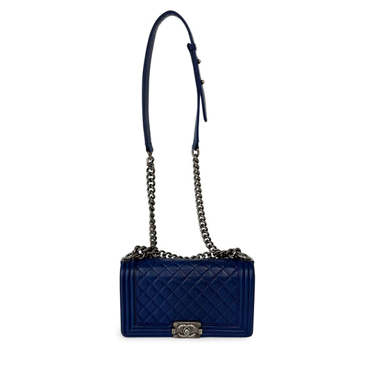 Chanel Boy Bag Large Blue Calfskin Silver Hardware Shoulder Bag 23 Series