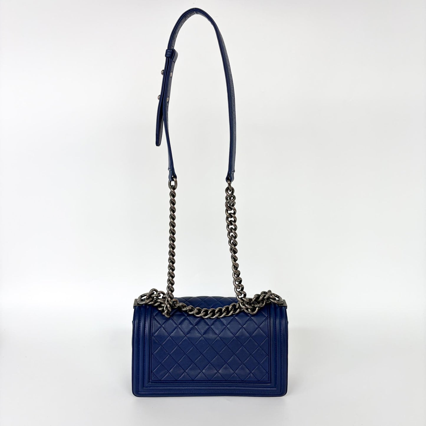 Chanel Boy Bag Large Blue Calfskin Silver Hardware Shoulder Bag 23 Series