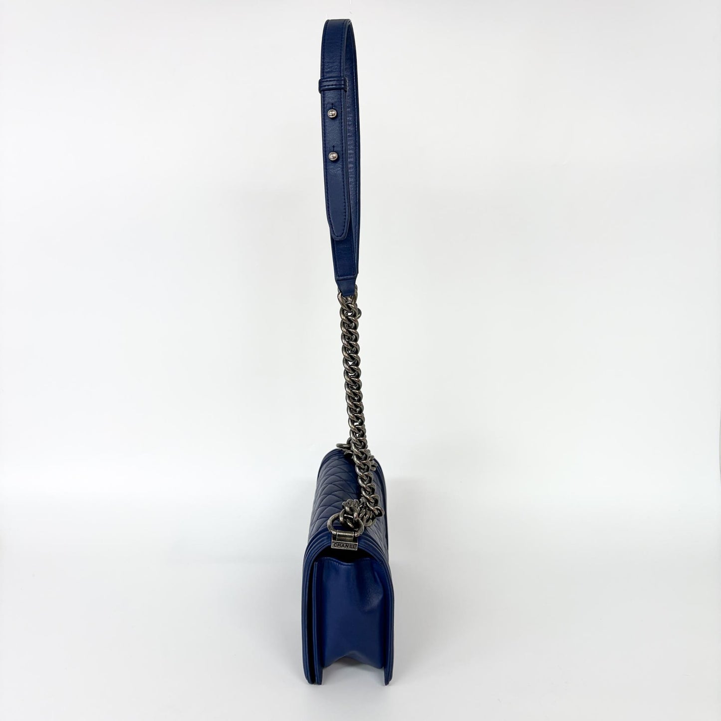 Chanel Boy Bag Large Blue Calfskin Silver Hardware Shoulder Bag 23 Series
