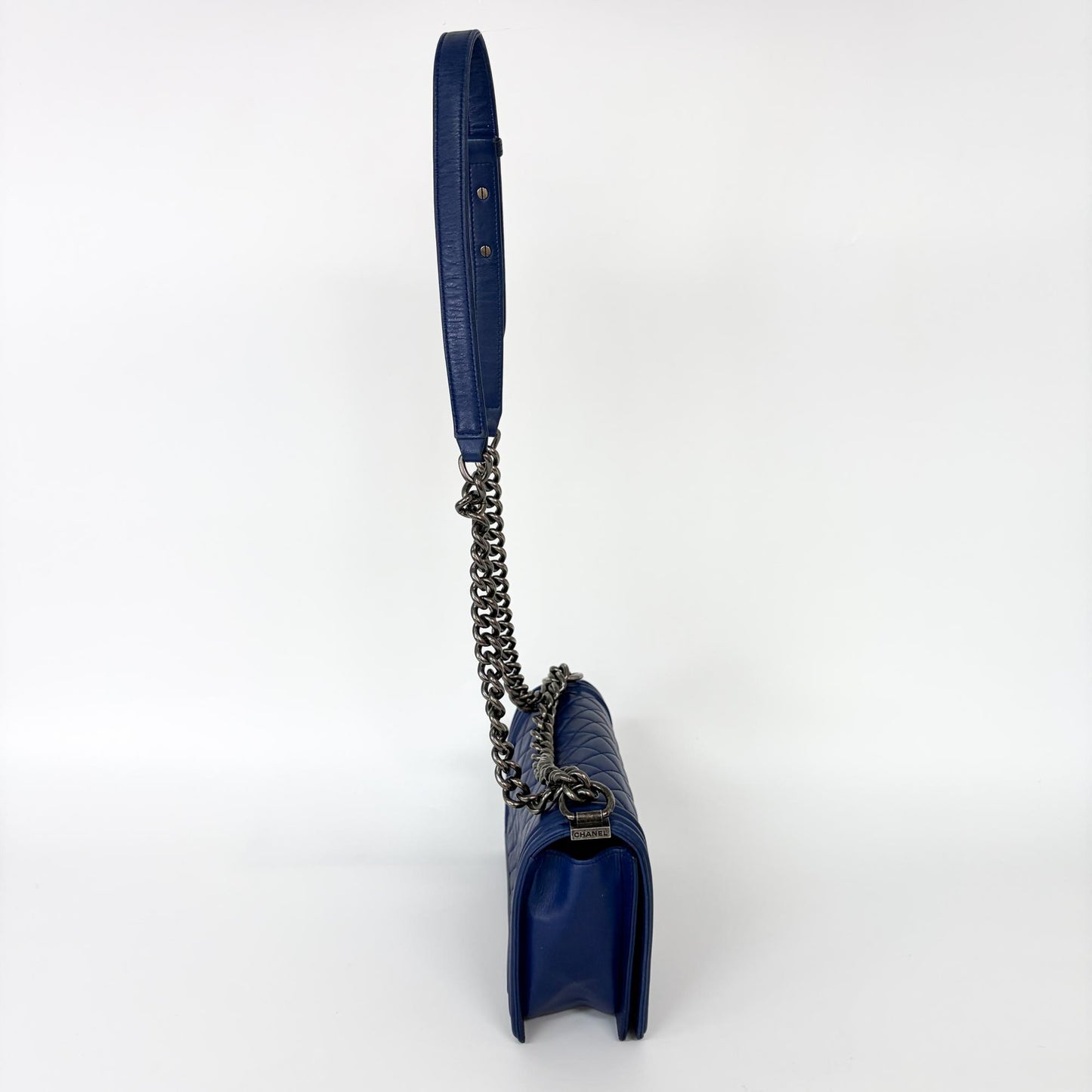 Chanel Boy Bag Large Blue Calfskin Silver Hardware Shoulder Bag 23 Series