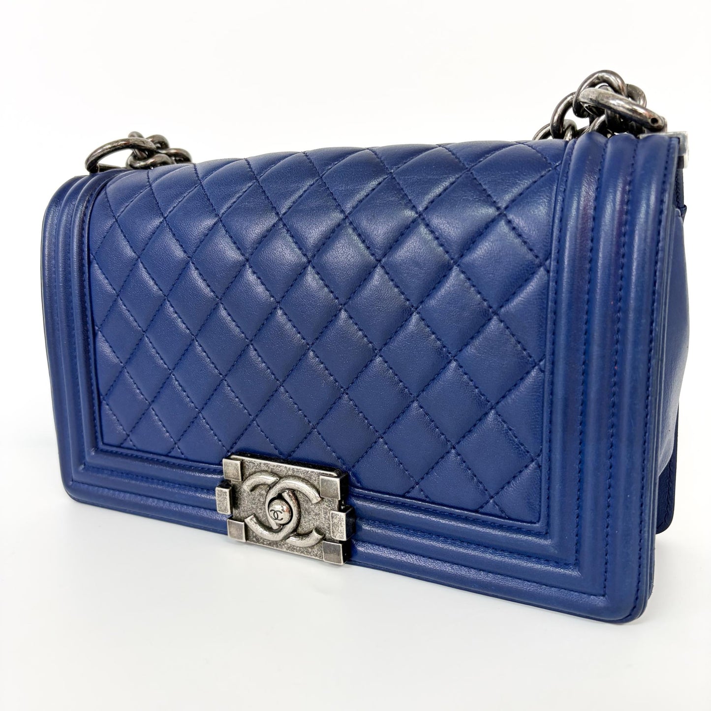 Chanel Boy Bag Large Blue Calfskin Silver Hardware Shoulder Bag 23 Series