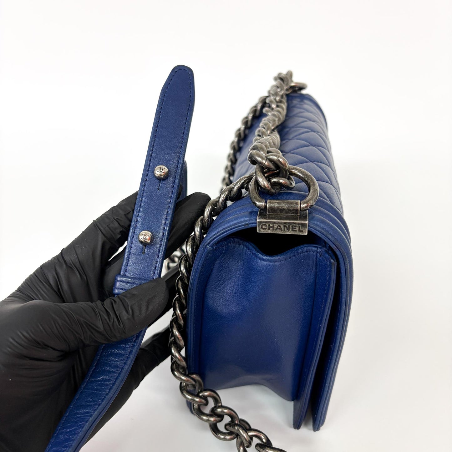 Chanel Boy Bag Large Blue Calfskin Silver Hardware Shoulder Bag 23 Series