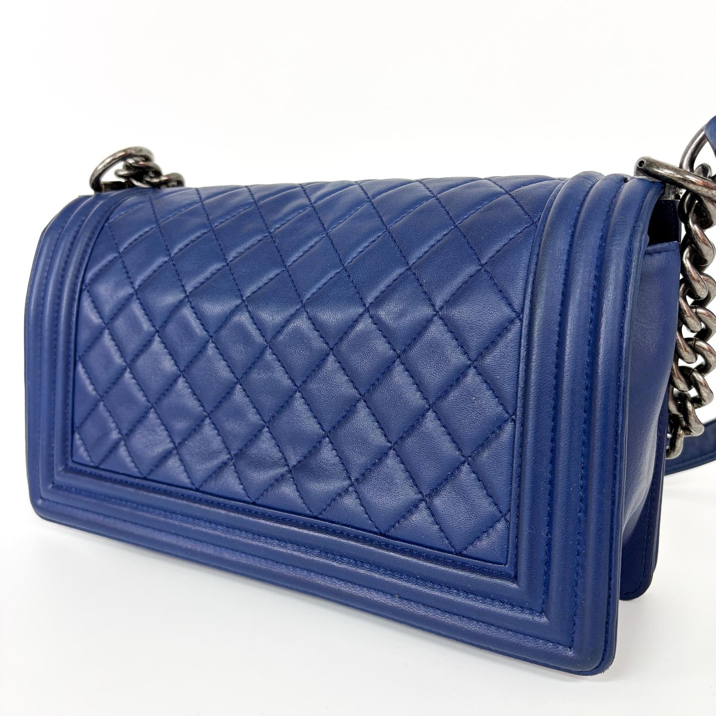Chanel Boy Bag Large Blue Calfskin Silver Hardware Shoulder Bag 23 Series