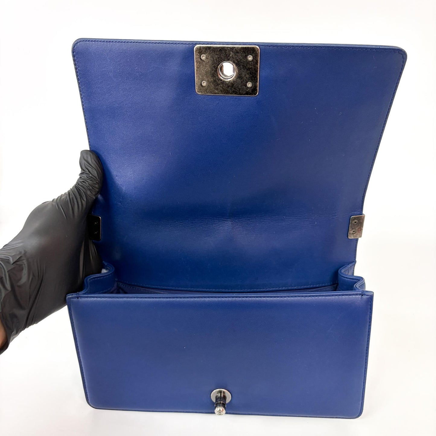 Chanel Boy Bag Large Blue Calfskin Silver Hardware Shoulder Bag 23 Series