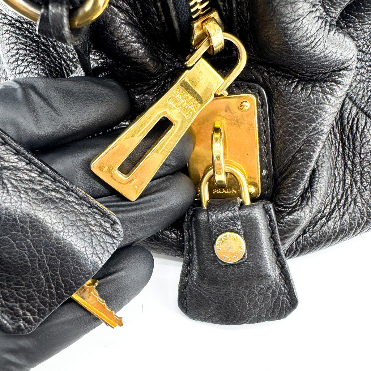 Prada Vitello Daino Top Handle Bag Black Gold Hardware
