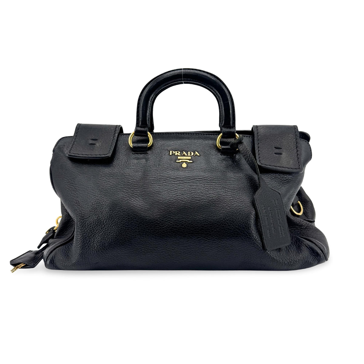Prada Vitello Daino Top Handle Bag Black Gold Hardware
