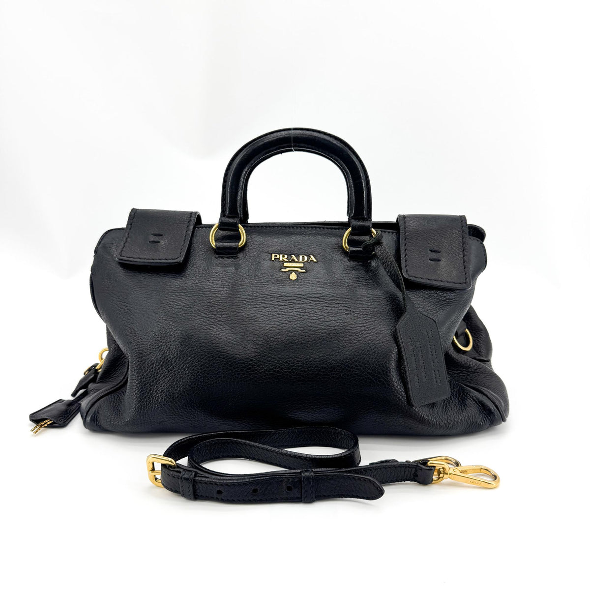 Prada Vitello Daino Top Handle Bag Black Gold Hardware