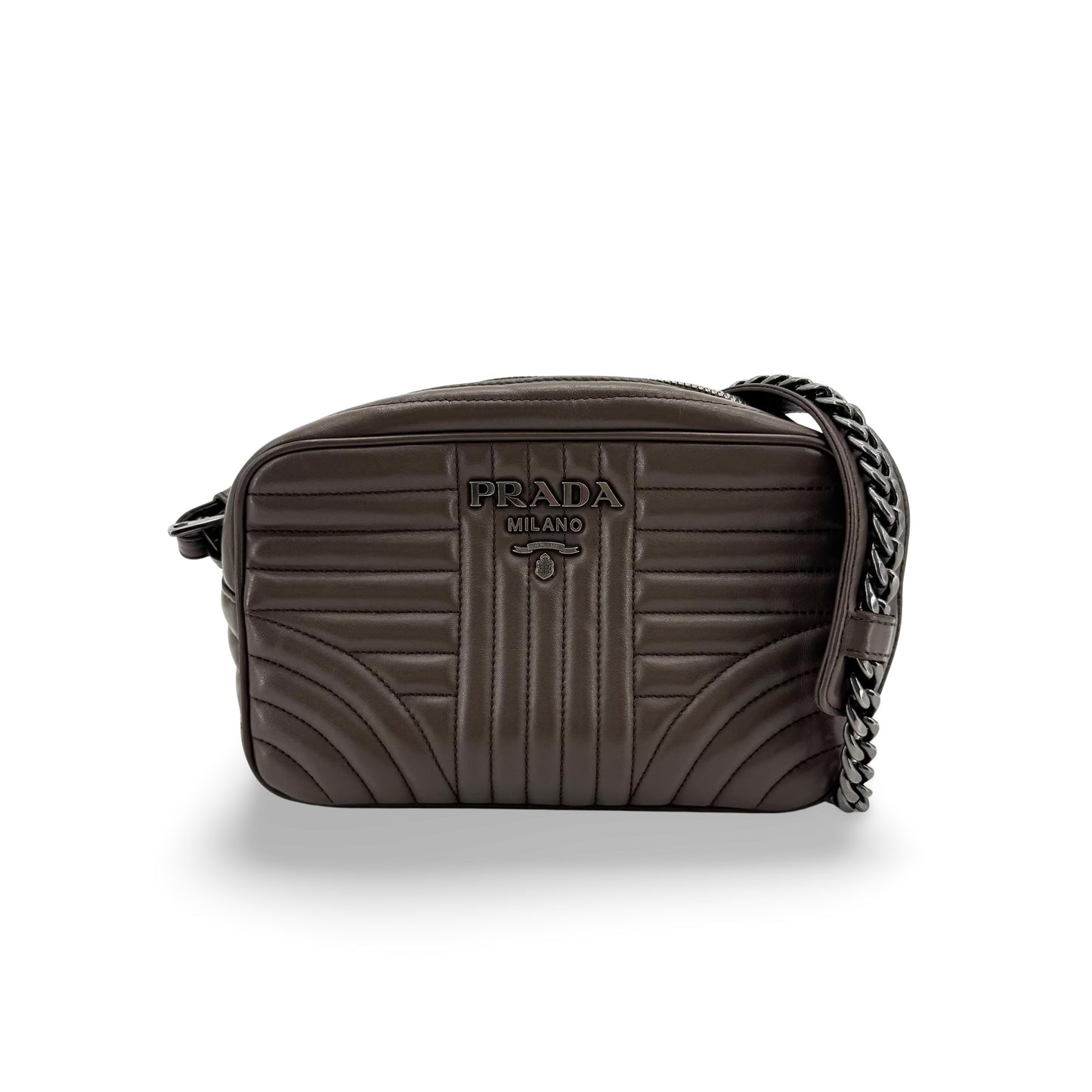 Prada Diagram Leather Chain Crossbody Bag Dark Brown