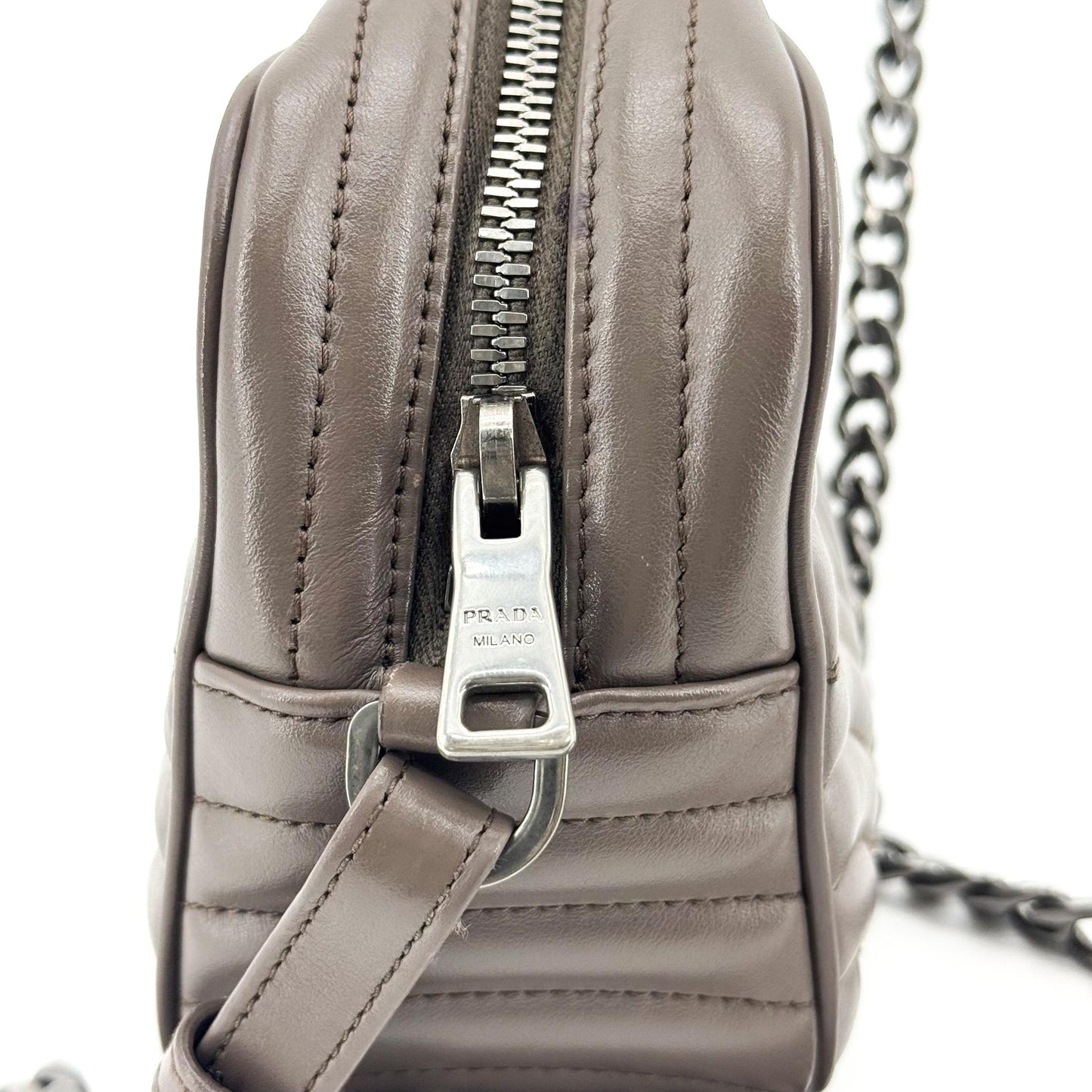Prada Diagram Leather Chain Crossbody Bag Dark Brown