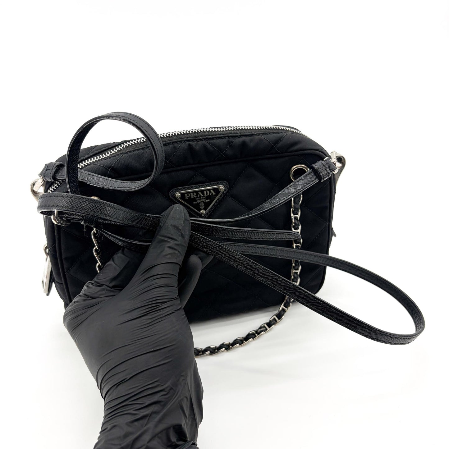 Prada Tessuto Impunturato Quilted Chain Shoulder Bag Black
