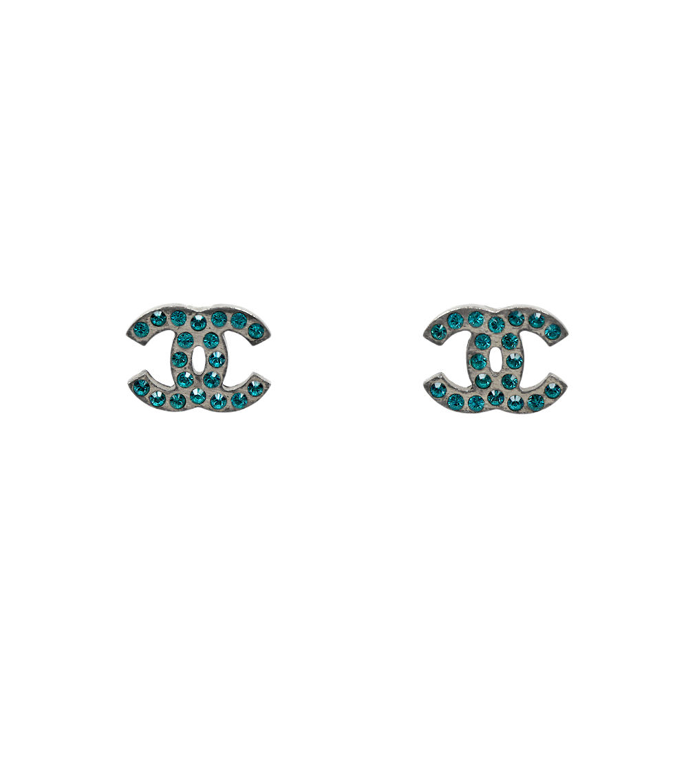 Chanel Blue Cubic CC Silver Earrings