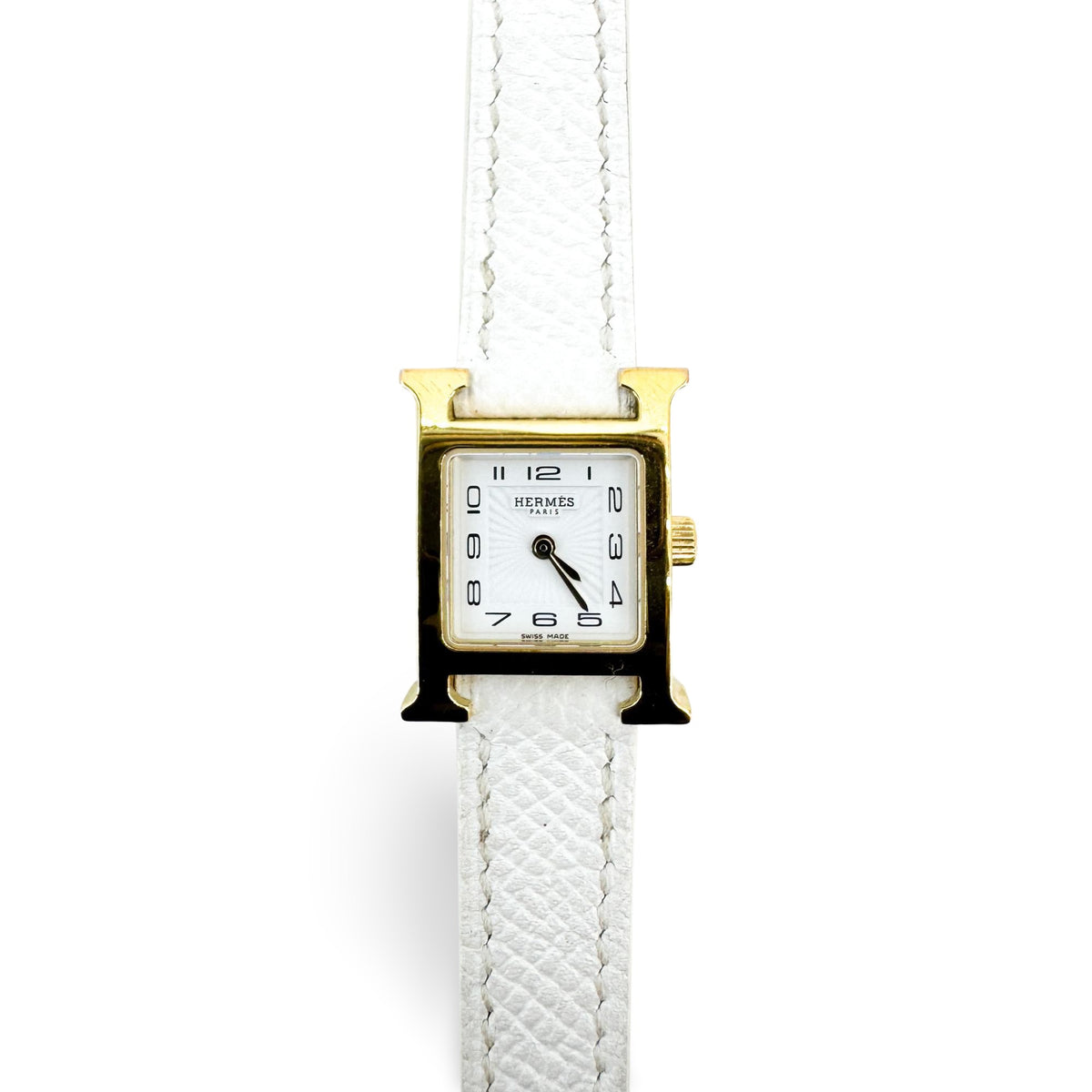 Hermès H-Hour Yellow Gold White Leather Strap Watch