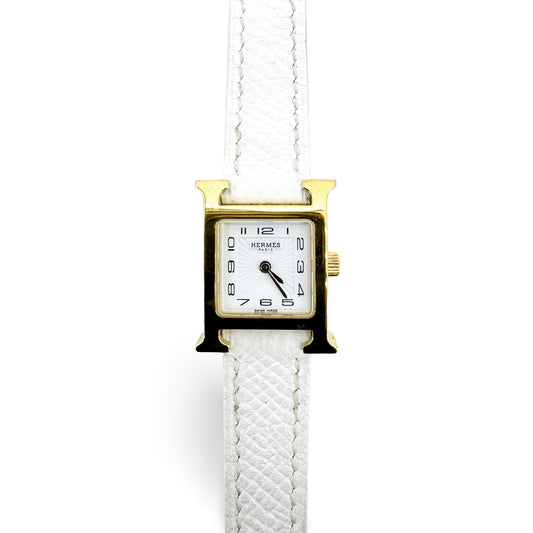 Hermès H-Hour Yellow Gold White Leather Strap Watch