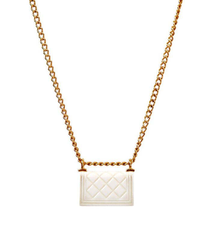 Chanel White Quilted Bag Gold Necklace