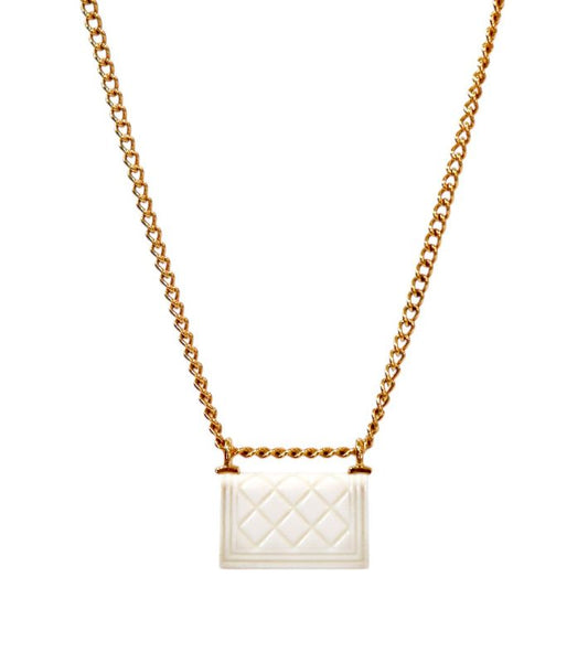 Chanel White Quilted Bag Gold Necklace