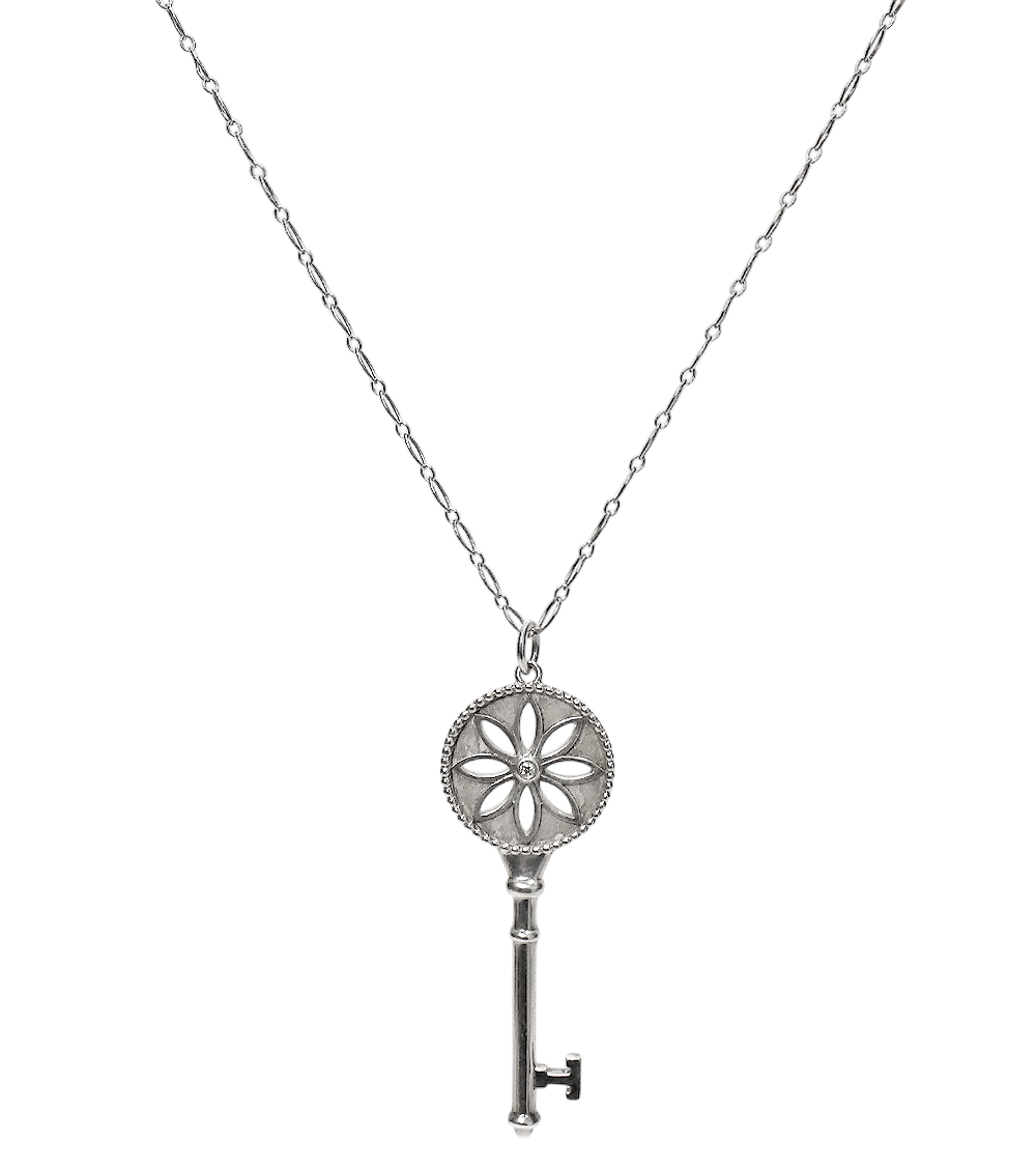 Tiffany 925 Sterling Silver Diamond Key Pendant Necklace