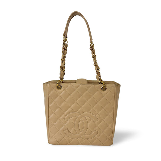 Chanel Petite Shopping Tote Bag Beige Caviar Gold Hardware