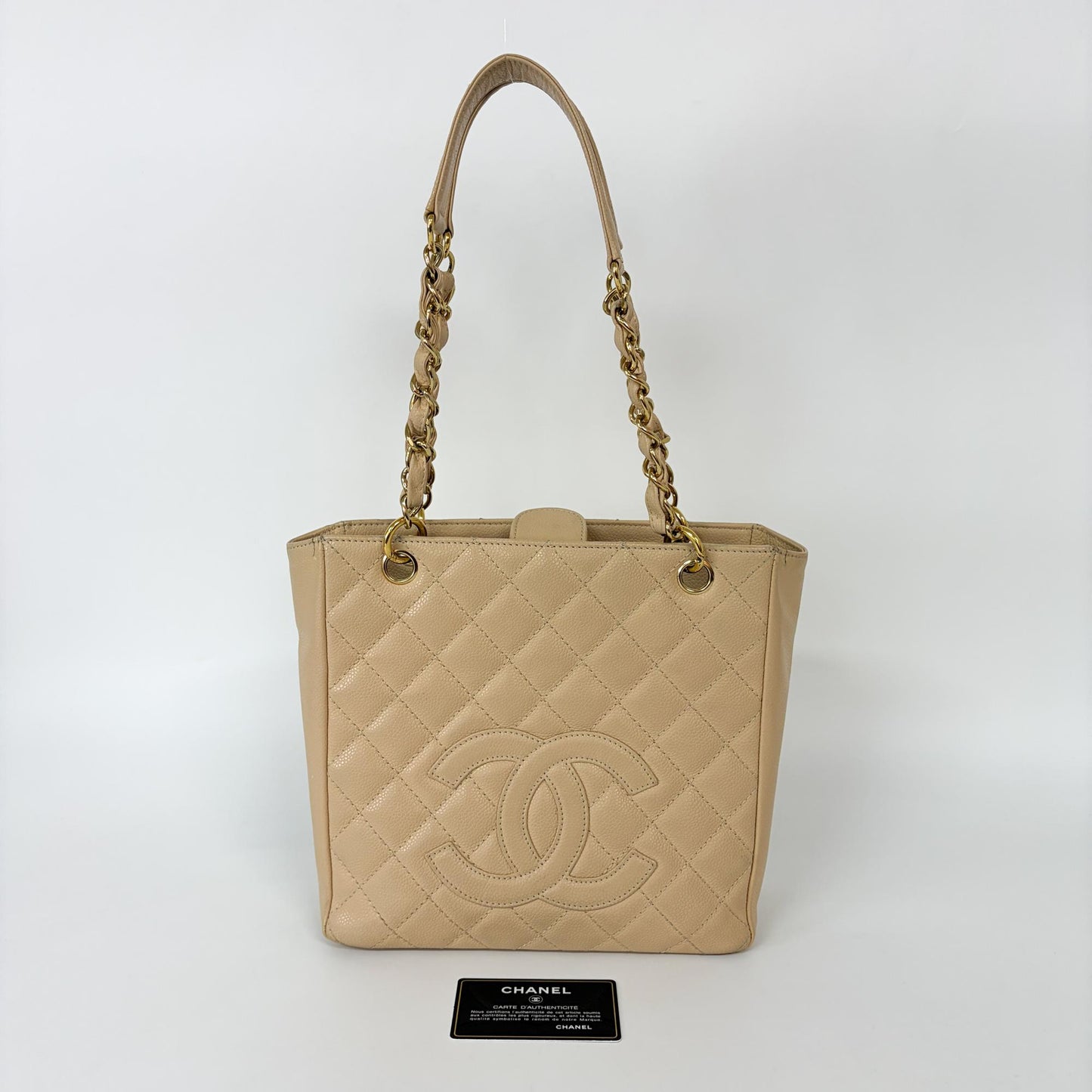 Chanel Petite Shopping Tote Bag Beige Caviar Gold Hardware
