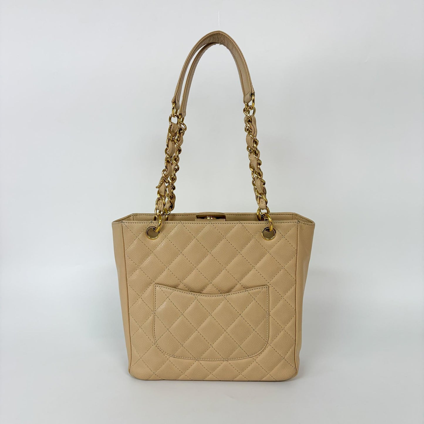 Chanel Petite Shopping Tote Bag Beige Caviar Gold Hardware