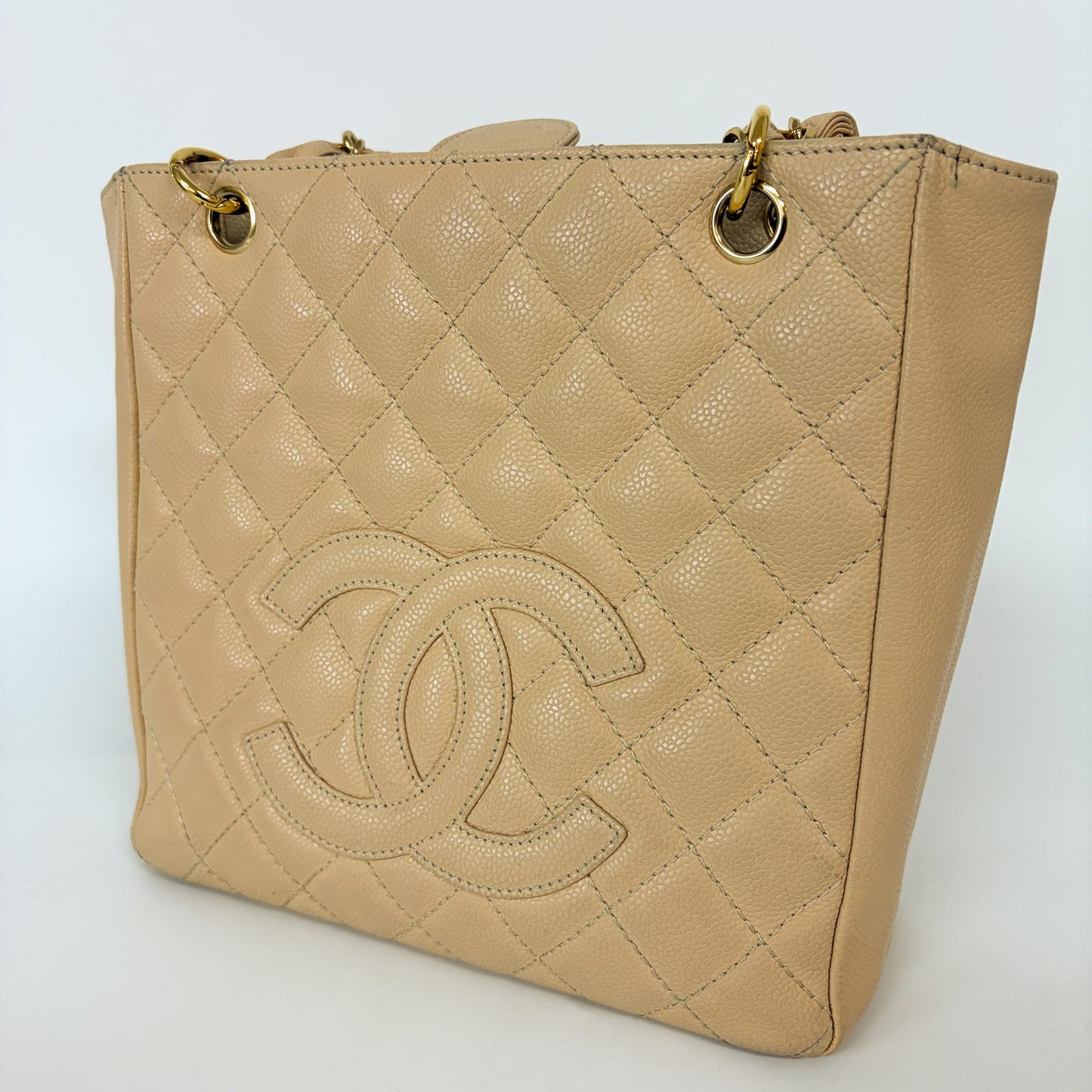 Chanel Petite Shopping Tote Bag Beige Caviar Gold Hardware
