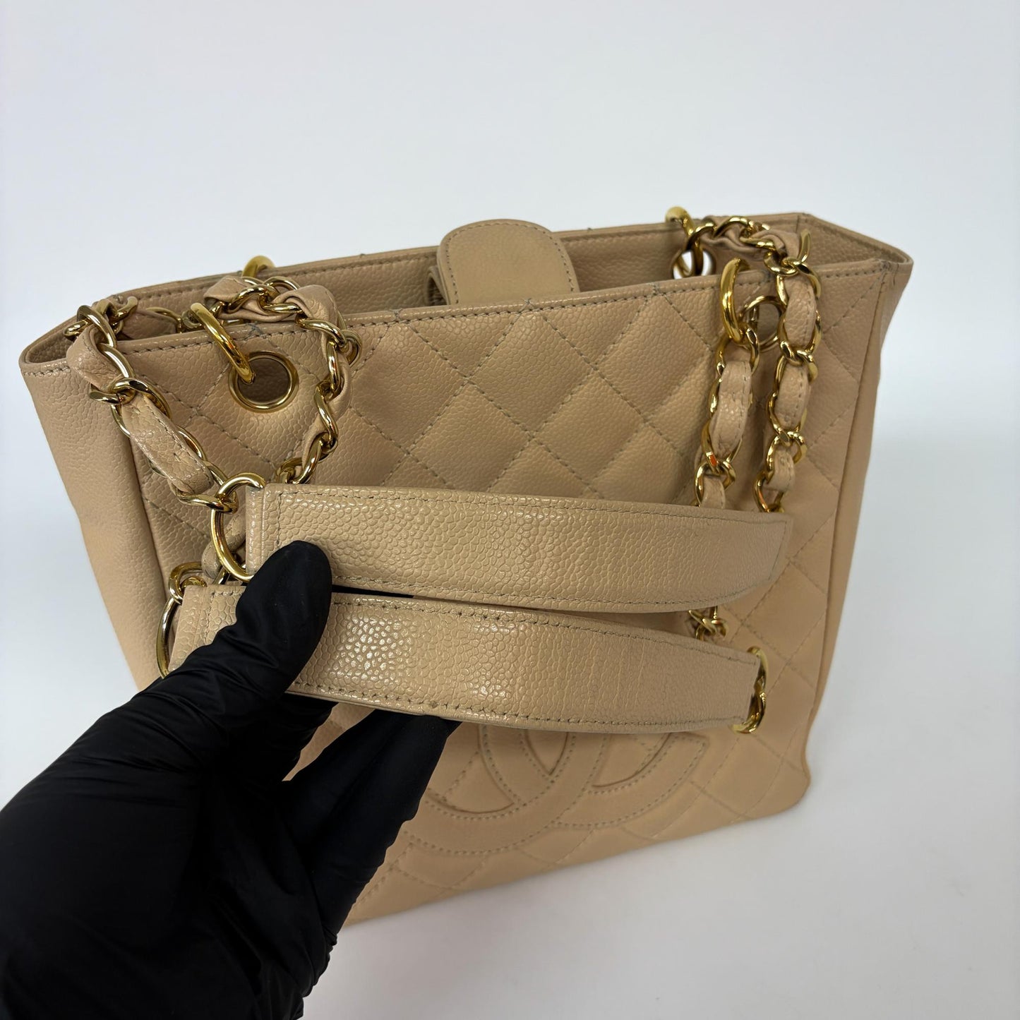 Chanel Petite Shopping Tote Bag Beige Caviar Gold Hardware