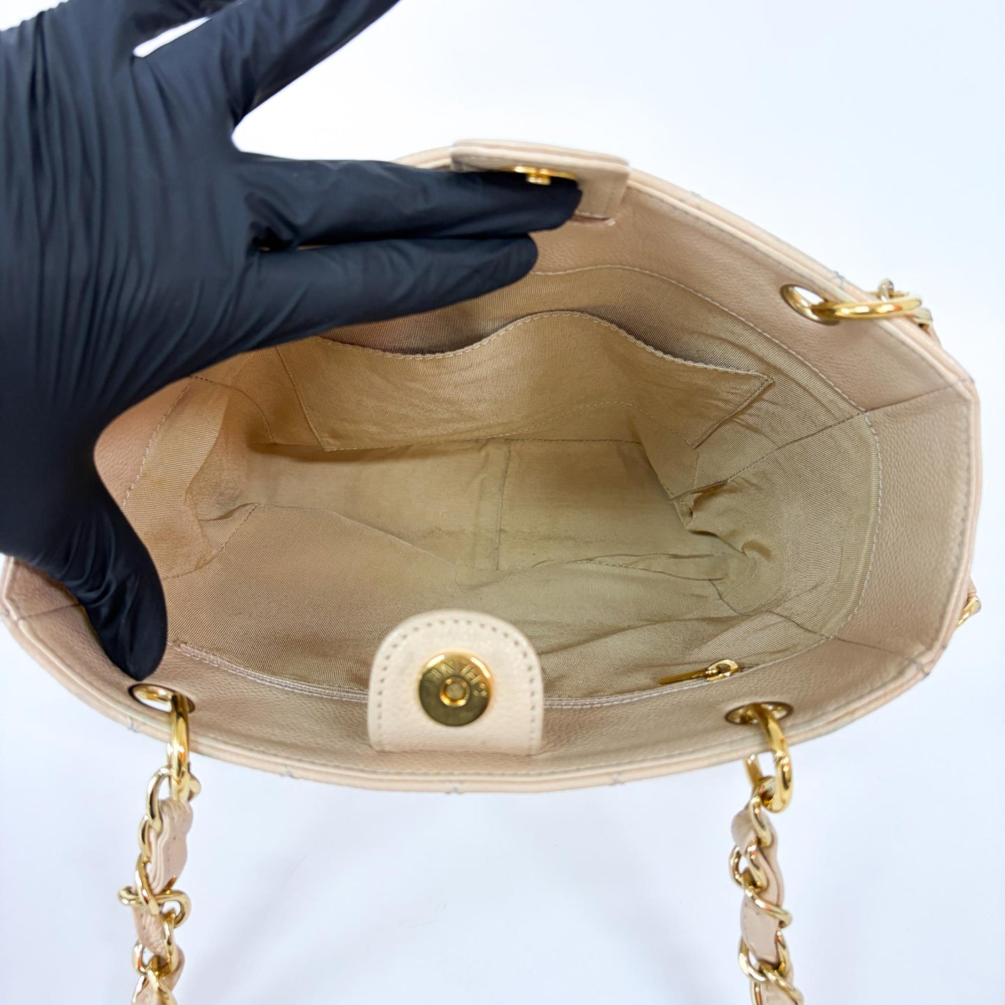 Chanel Petite Shopping Tote Bag Beige Caviar Gold Hardware