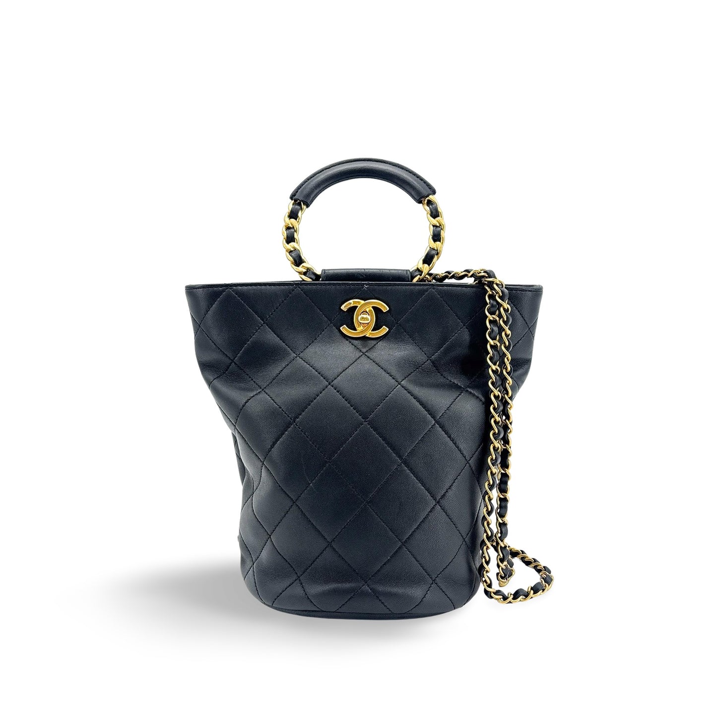 Chanel Vintage Lambskin Top Handle Bucket Bag Black with Gold Hardware