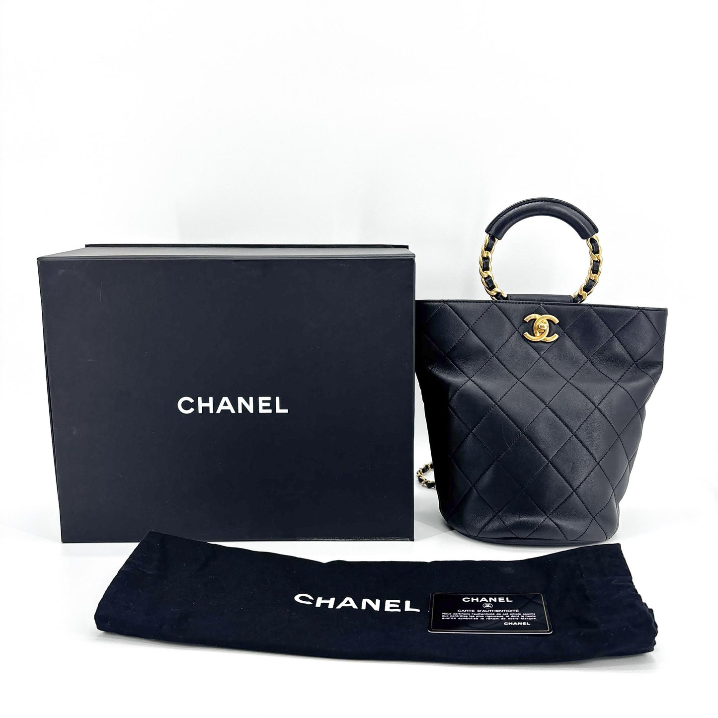 Chanel Vintage Lambskin Top Handle Bucket Bag Black with Gold Hardware