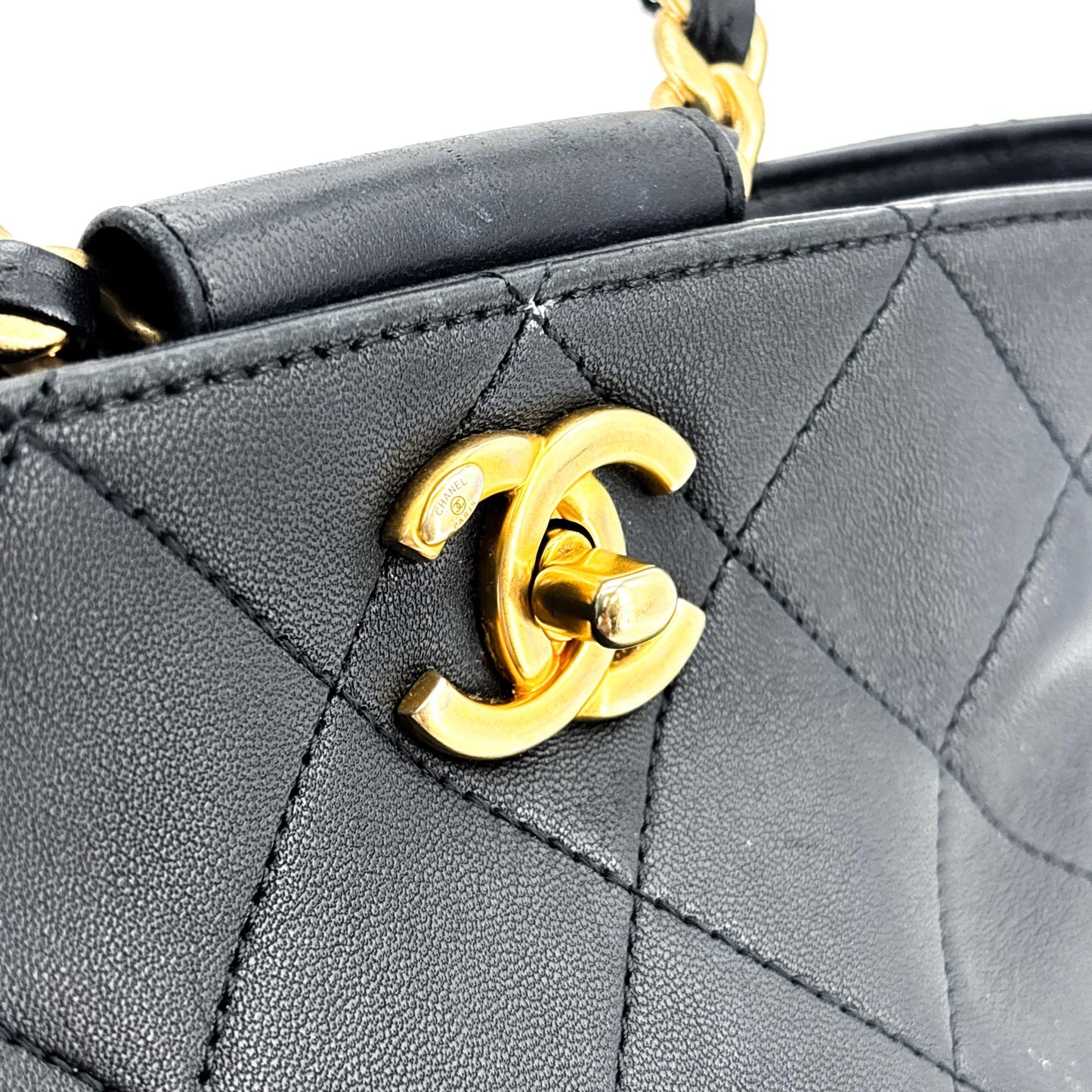 Chanel Vintage Lambskin Top Handle Bucket Bag Black with Gold Hardware