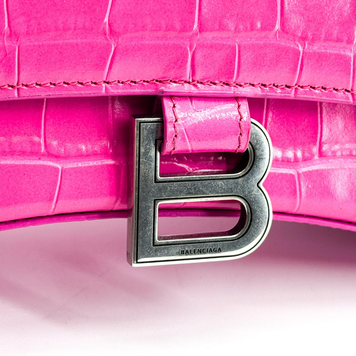 Balenciaga Hourglass XS Croco Embossed Top Handle Bag Pink Silver