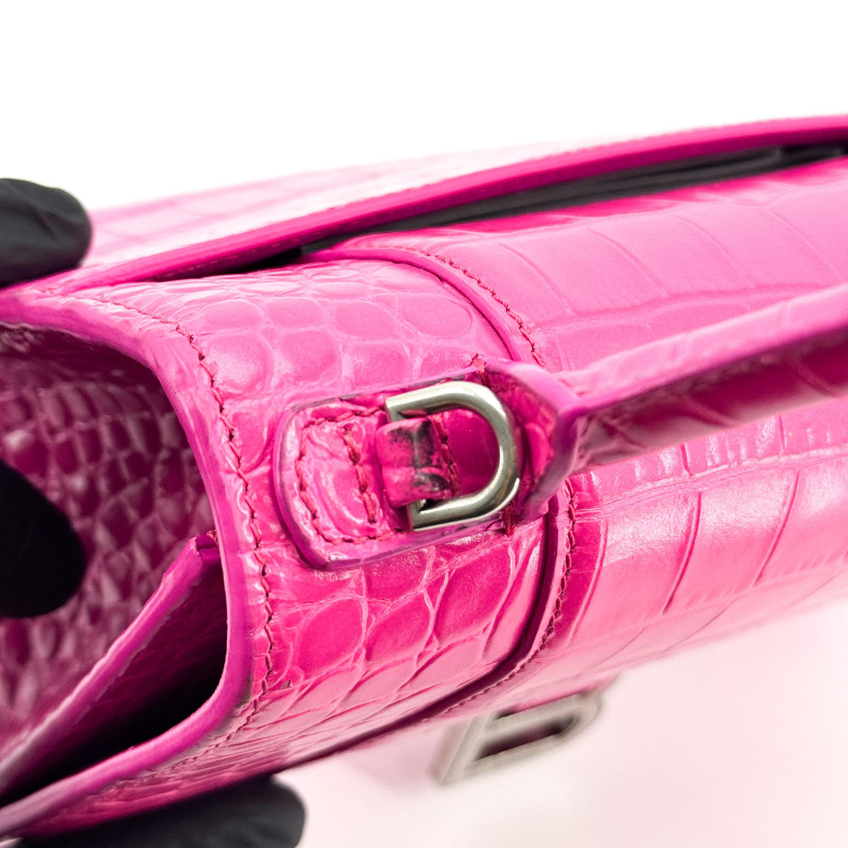 Balenciaga Hourglass XS Croco Embossed Top Handle Bag Pink Silver